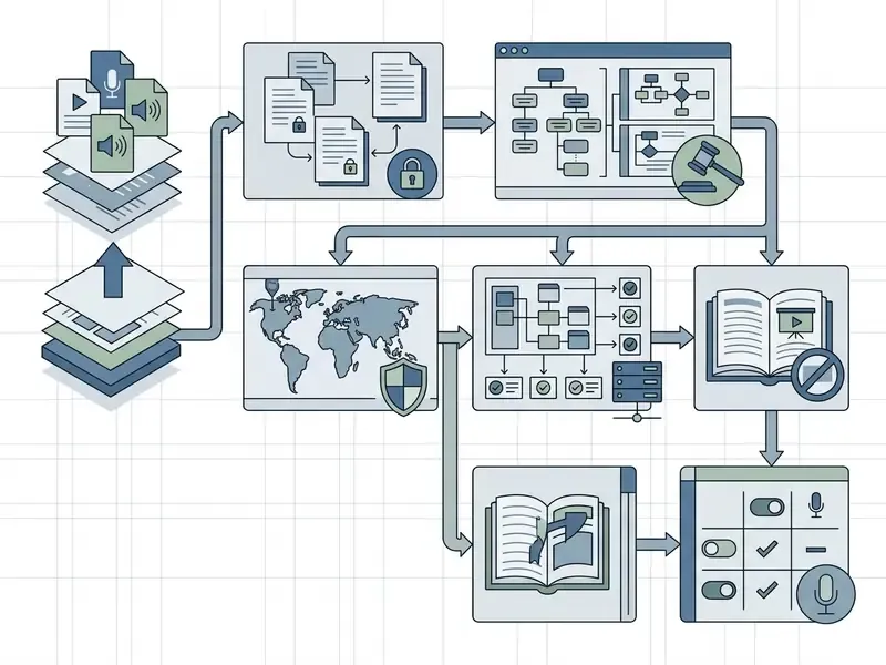 Workflow diagram showing document ingestion, compliance checks, data mapping, and privacy settings