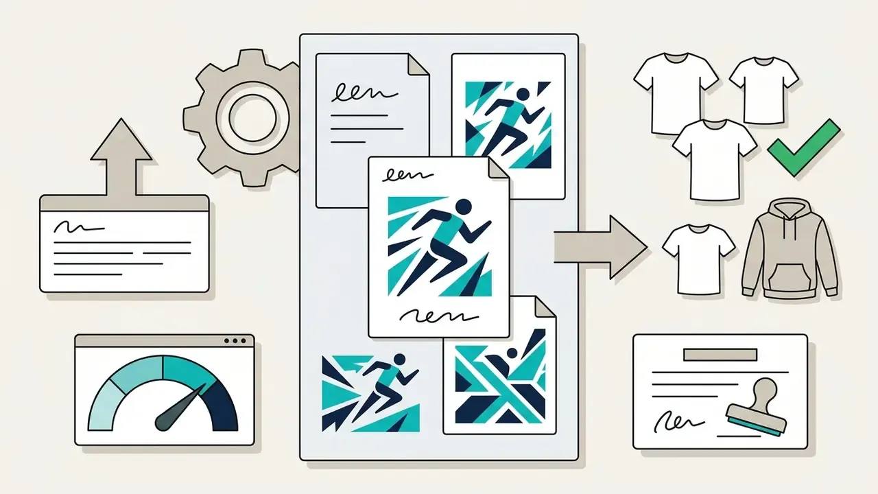 Abstract runner graphics being generated and applied to t-shirts and hoodies with a stamp of approval