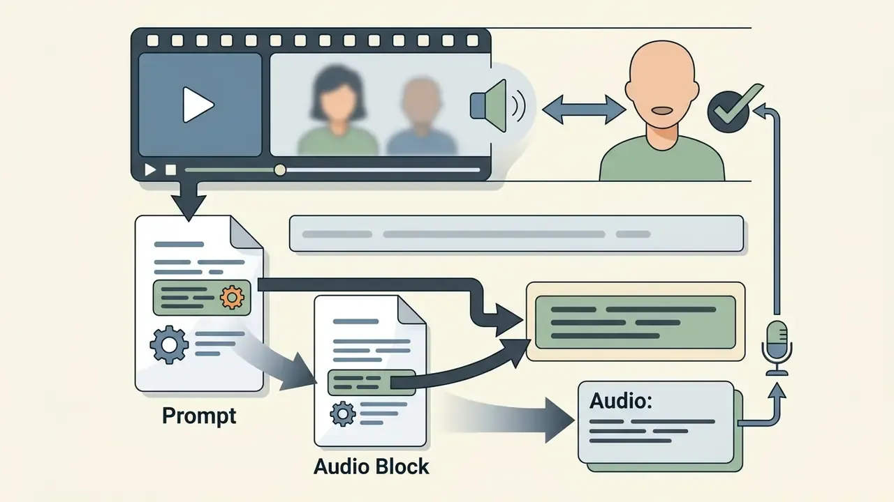 Flowchart showing prompt and audio block data feeding into a video generation process with voice sync