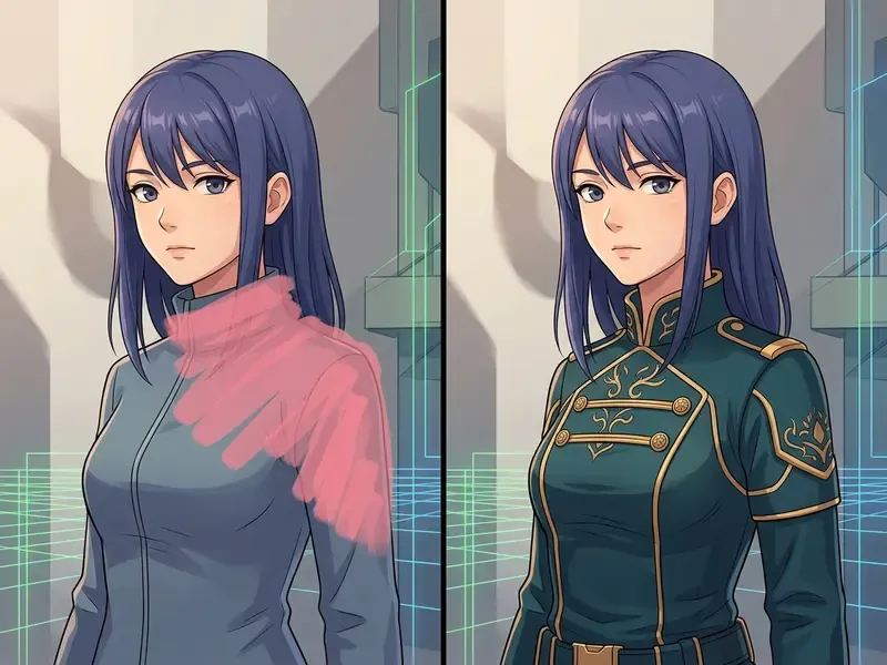 Side by side comparison showing a digital mask applied to a character outfit before and after modification
