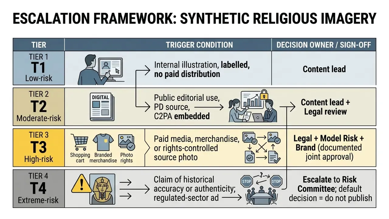 Four-tier risk management matrix outlining approval processes for synthetic media based on intended use