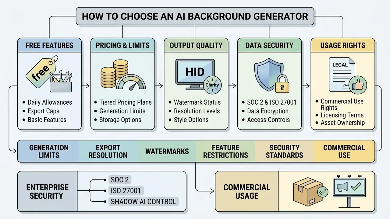 Five-step decision framework outlining key criteria for evaluating image generation software tools