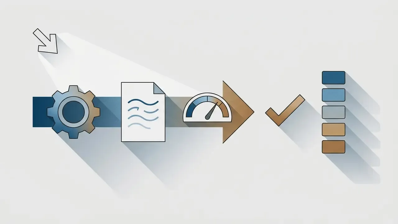 Gear, document, and speedometer icons arranged on an arrow pointing toward a checkmark and color palette