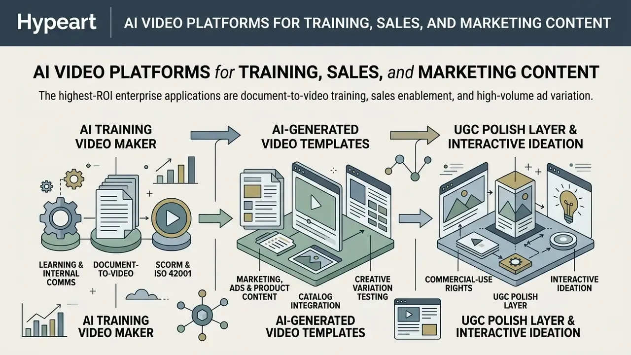 Infographic showing the workflow from AI training video creation to marketing templates and content polish
