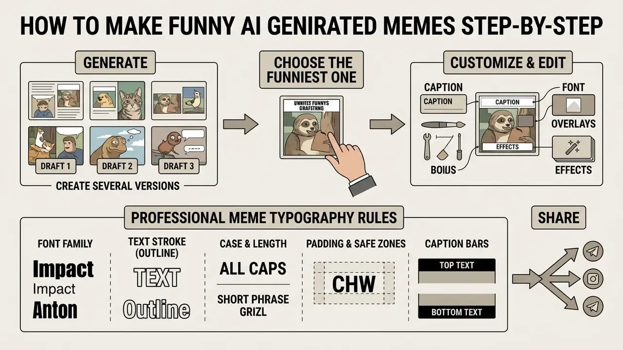 Visual guide showing steps to generate, edit, and format text for memes before sharing