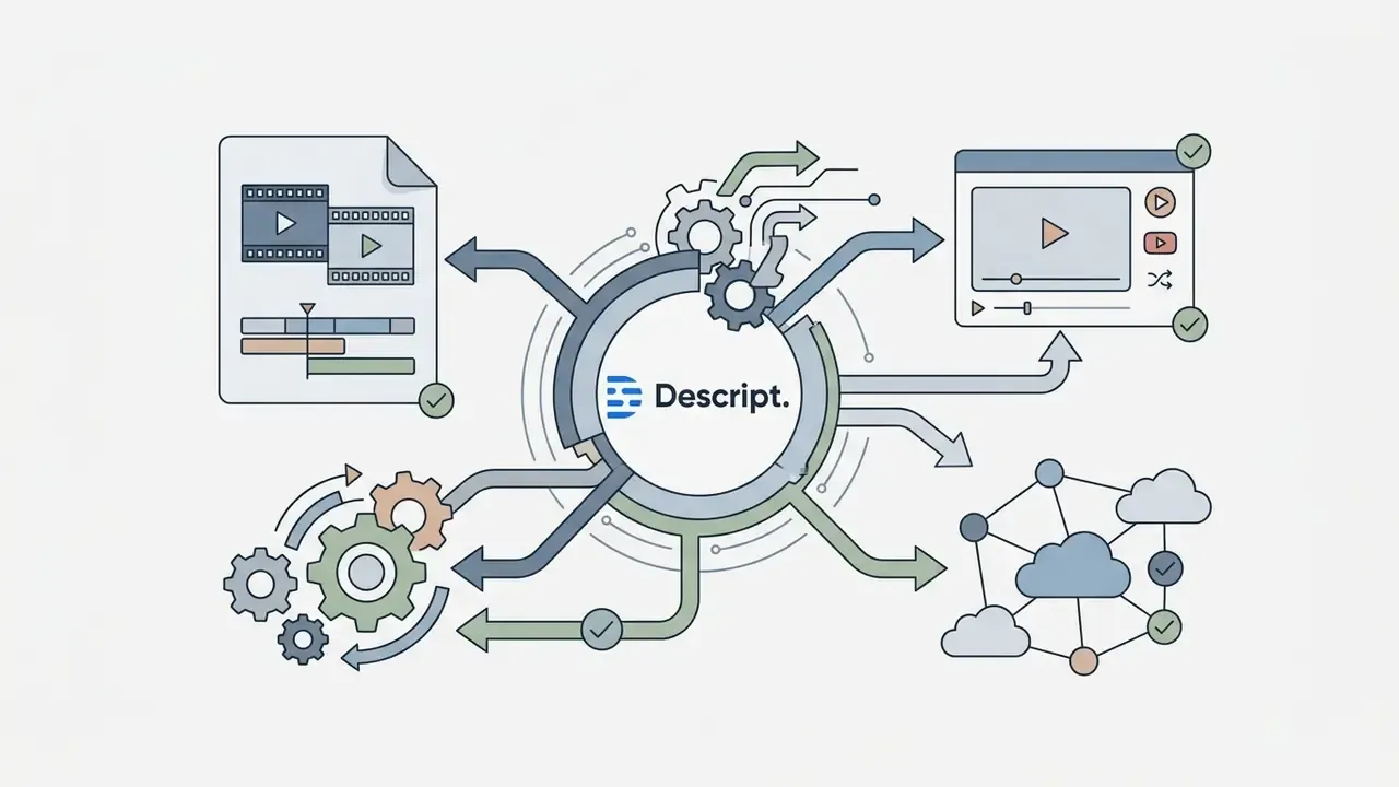 Video editing files and cloud network icons cycle through a gear system to output integrated workflows
