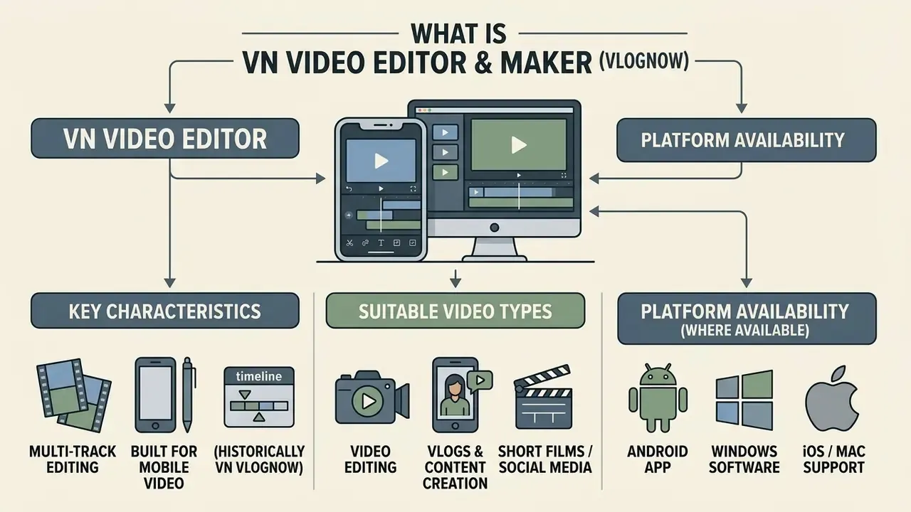 Flowchart outlining core features, supported video formats, and platform compatibility for mobile editing