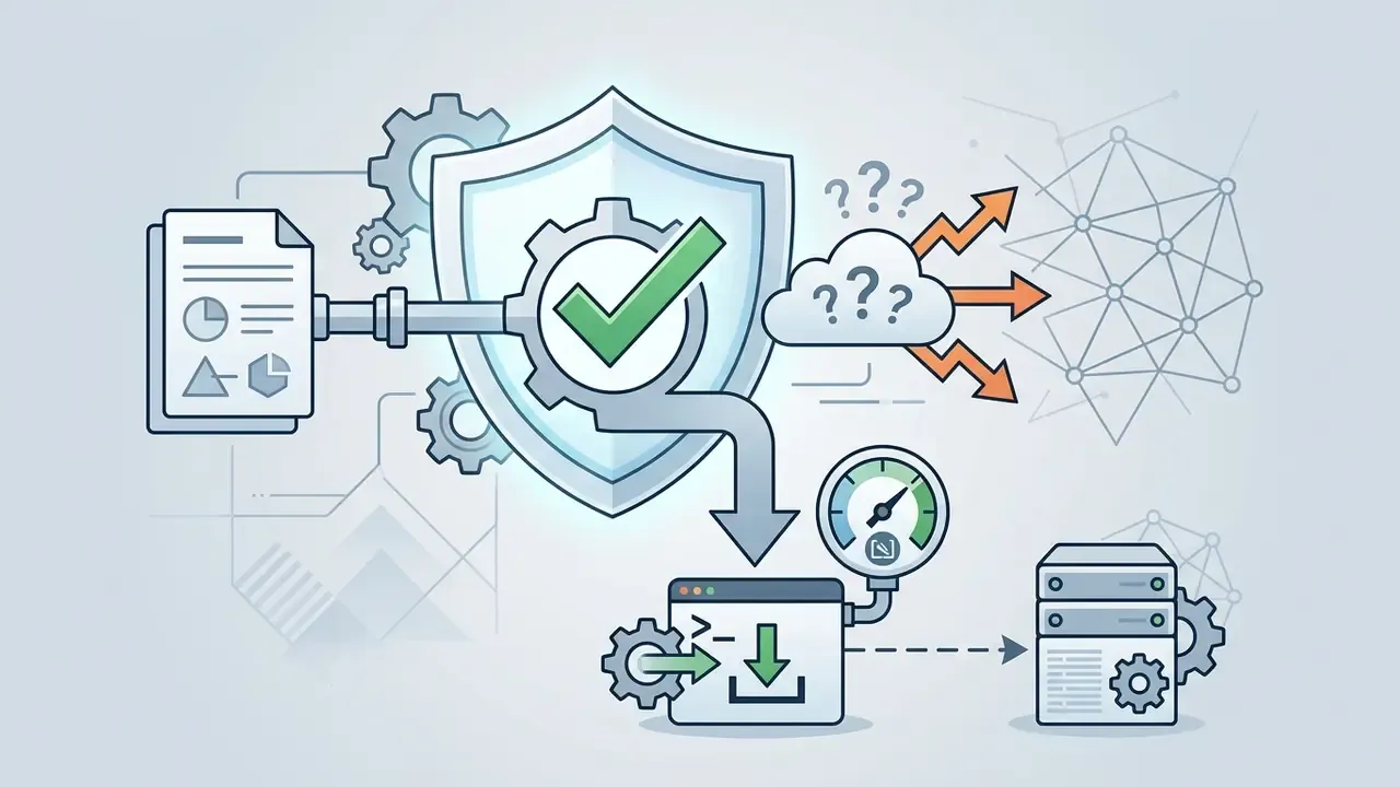 Shield icon with a checkmark protecting data flow from a document to local server infrastructure