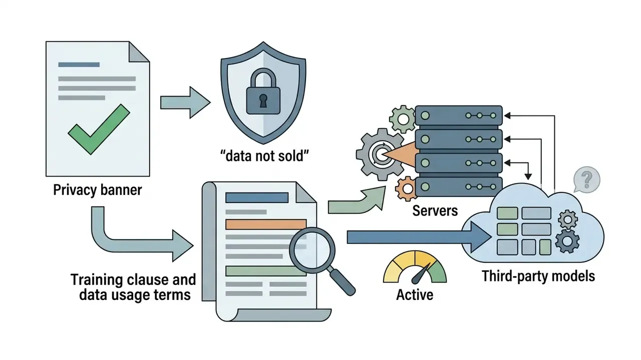 Comparison between privacy banners and actual data training clauses involving servers and third-party models