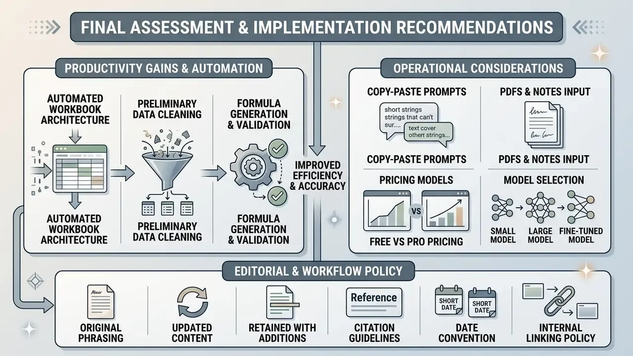 Diagram comparing automated workbook productivity gains with operational considerations and workflow policies
