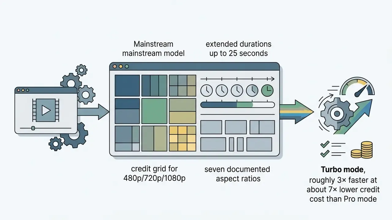 Workflow showing Pika 2.5 model features including credit grids, aspect ratios, and Turbo mode efficiency