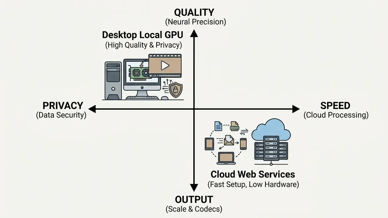Quadrant map contrasting desktop local GPU processing with cloud web services for video enhancement