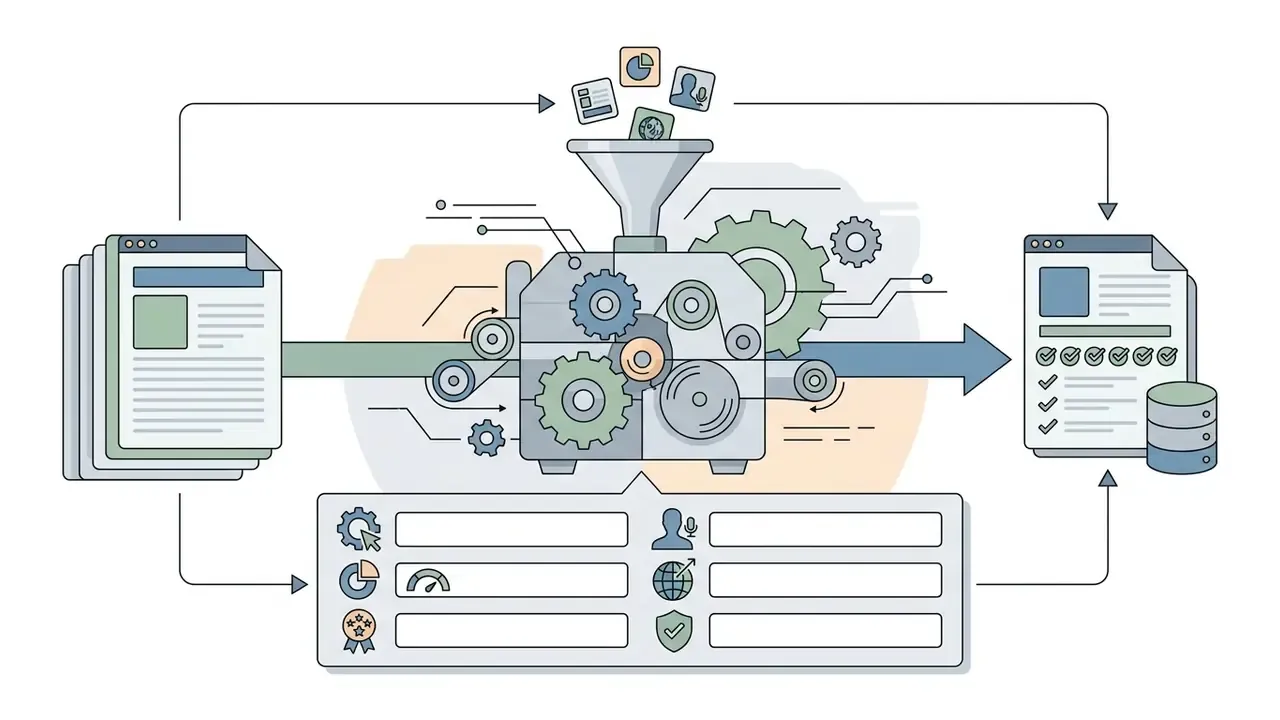 Metadata icons and documents feeding into a gear-driven processor to create tagged digital asset records