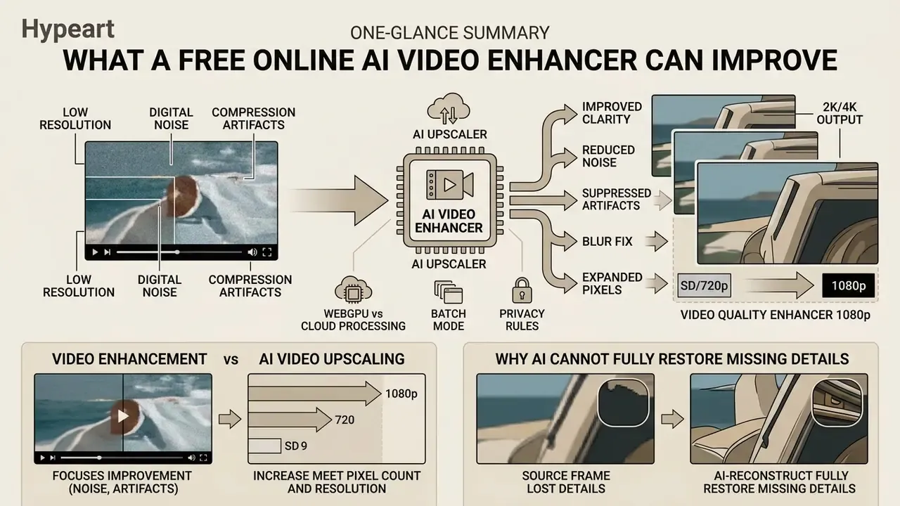 Infographic showing how a video quality enhancer 1080p tool processes footage to improve visual clarity