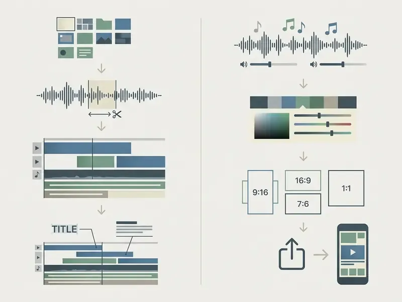 Sequential workflow diagram showing video clip organization, trimming, timeline assembly, and export