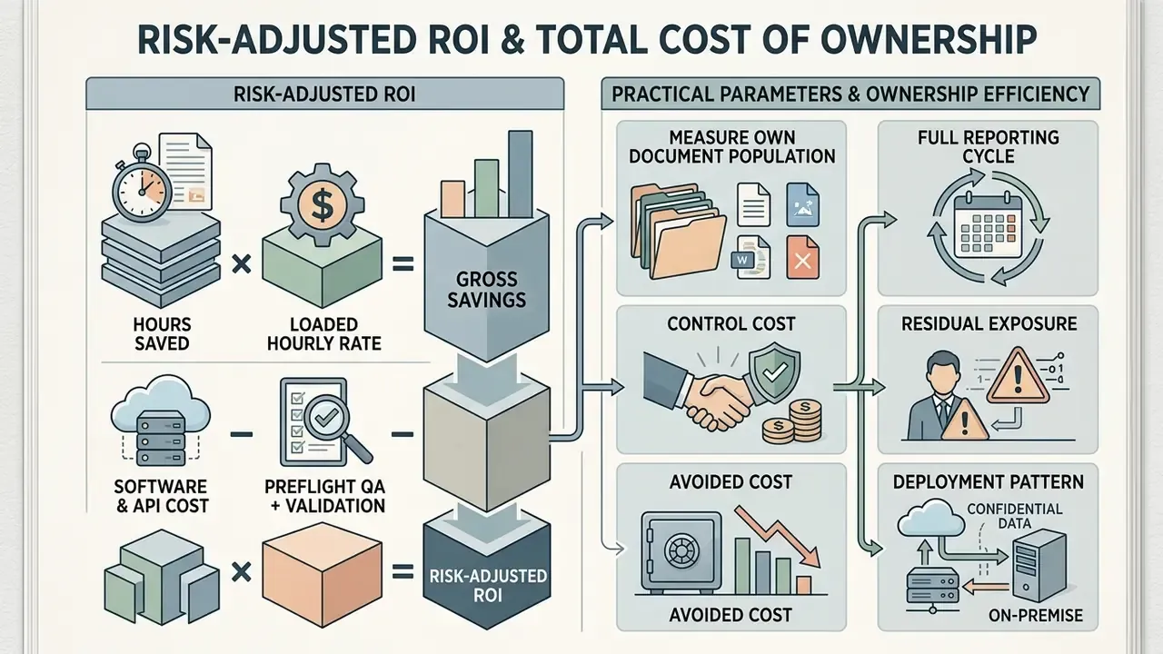 Mathematical breakdown of risk-adjusted ROI and ownership efficiency factors for business software