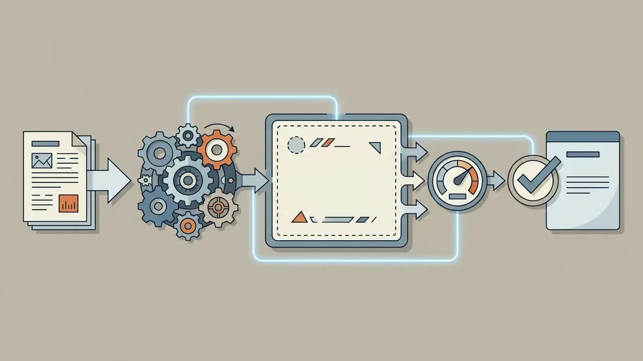 Diagram showing a document feeding into a gear system that processes data into a final output file