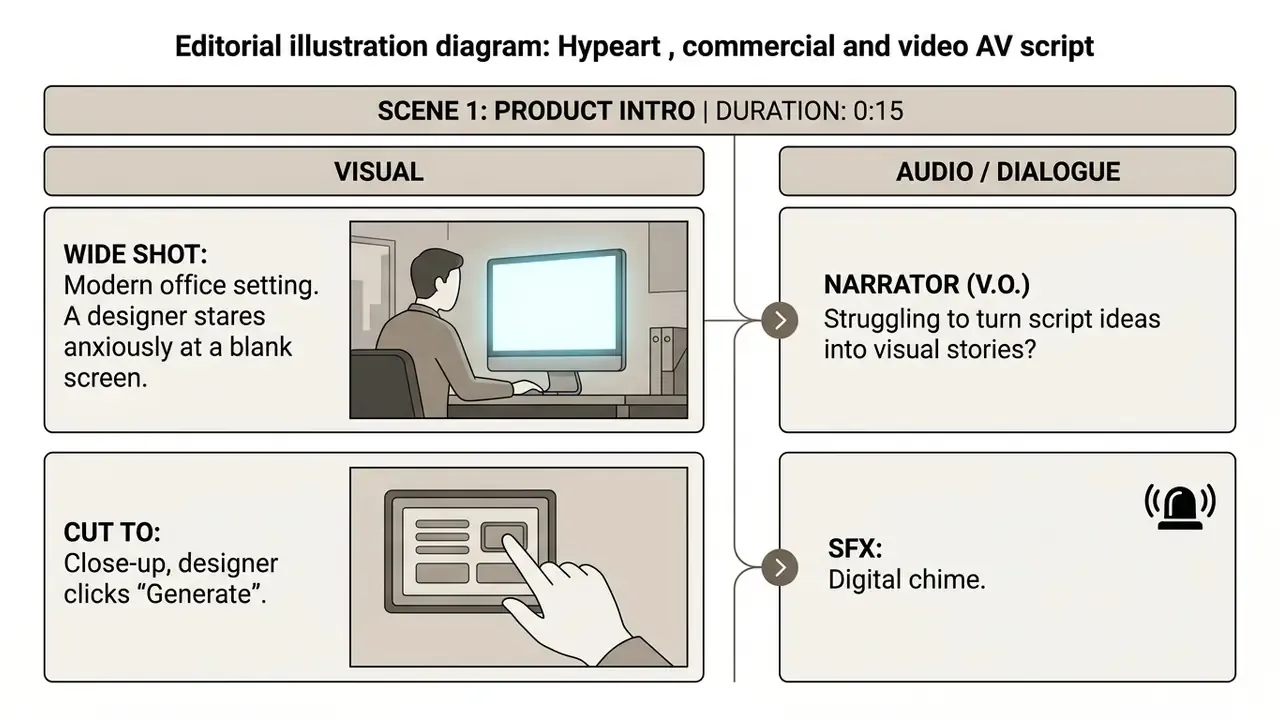 Two-column storyboard layout showing a designer struggling at a computer and then clicking generate