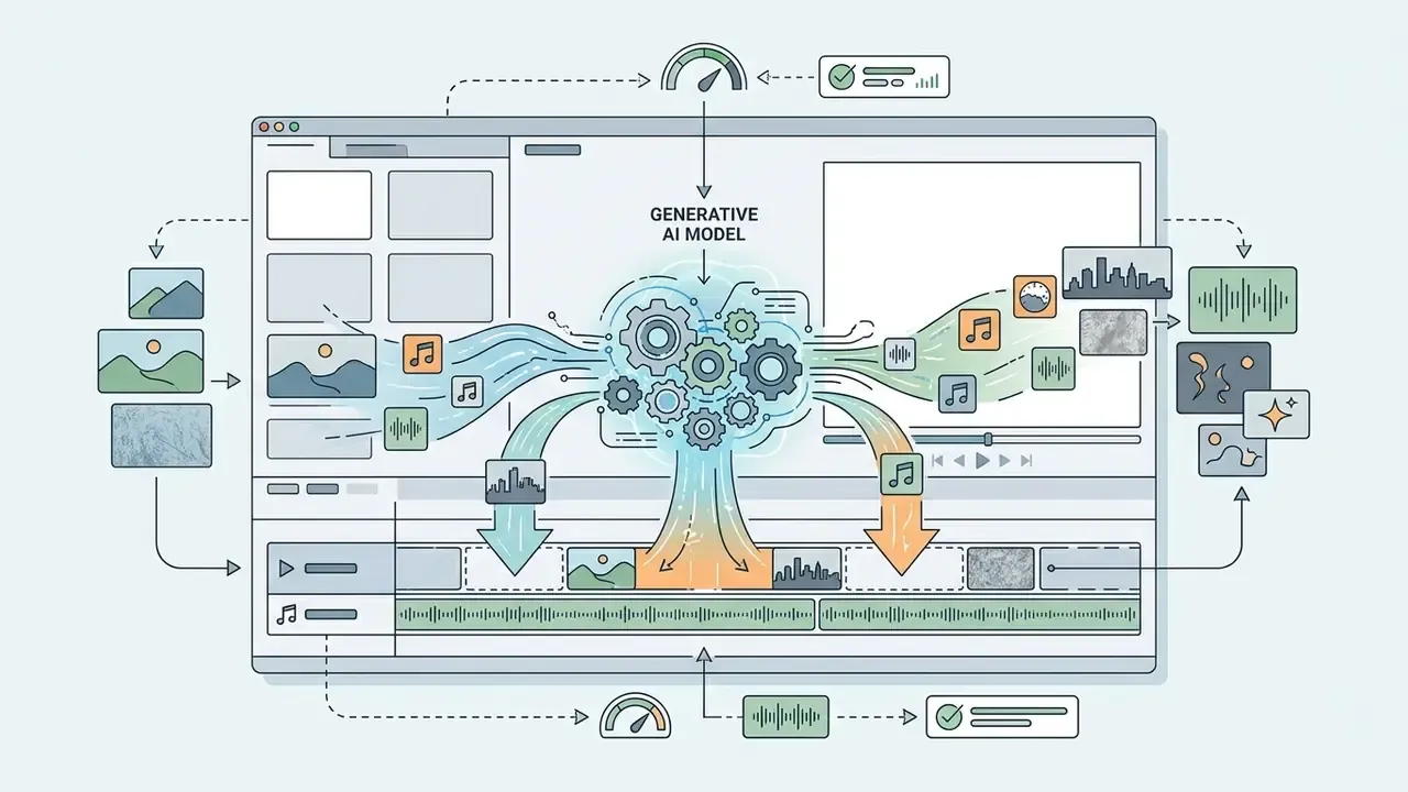 Generative model gears processing assets and music into a video editing software timeline interface