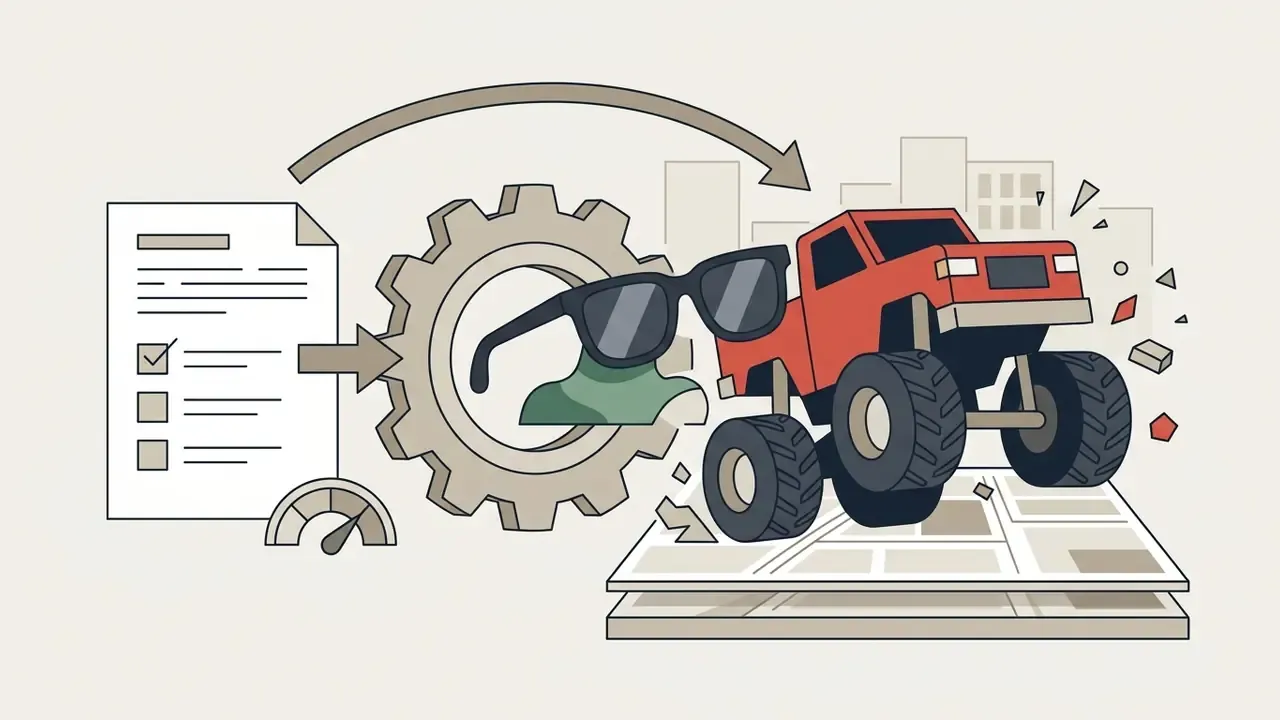 Prompt list feeding into a gear mechanism that processes sunglasses and a monster truck