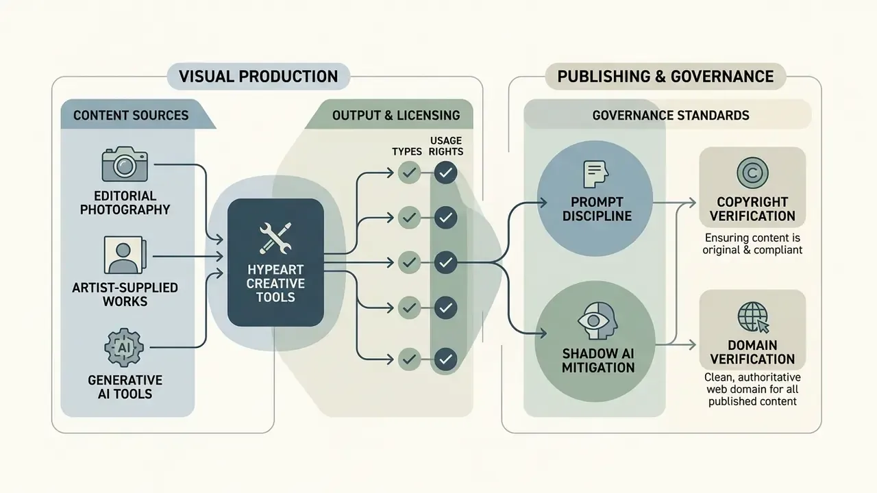 Process flow diagram showing Hypeart creative tools bridging content sources with publishing governance