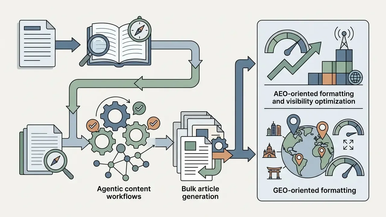 Documents moving through research, gear-driven workflows, and generation into optimized formatting outputs