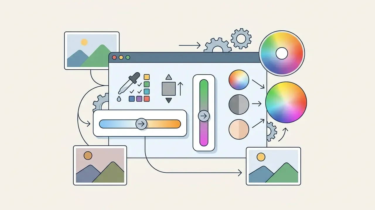 Color adjustment interface with eyedropper, sliders, and color wheels for a photo editor for Mac