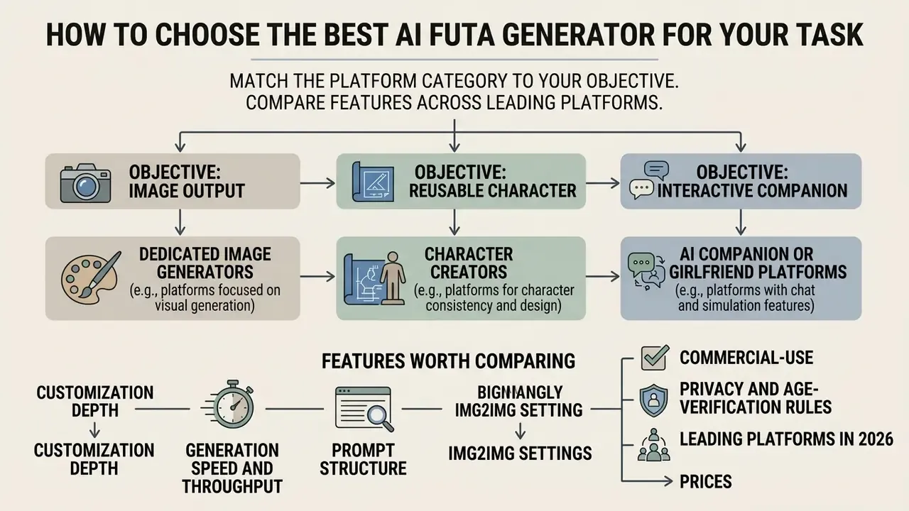 Flowchart matching user objectives to platform categories and comparing key software features