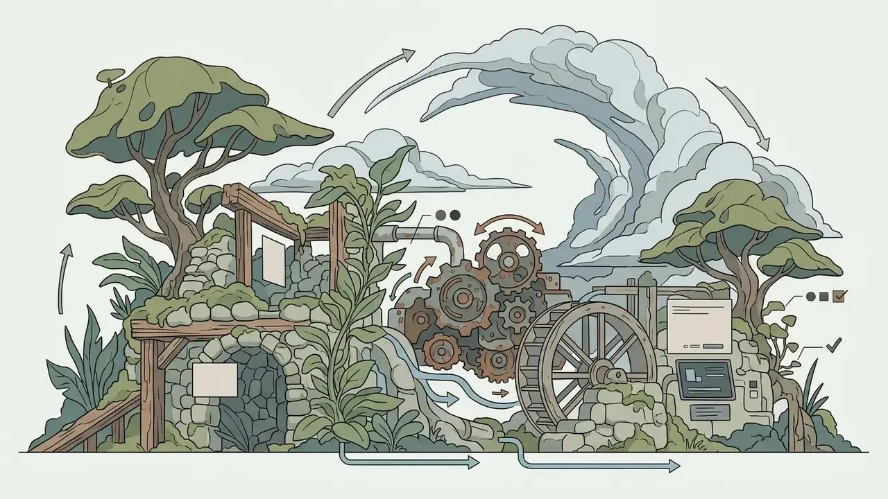 Rustic stone structure with gears and a water wheel surrounded by lush plants and swirling cloud formations