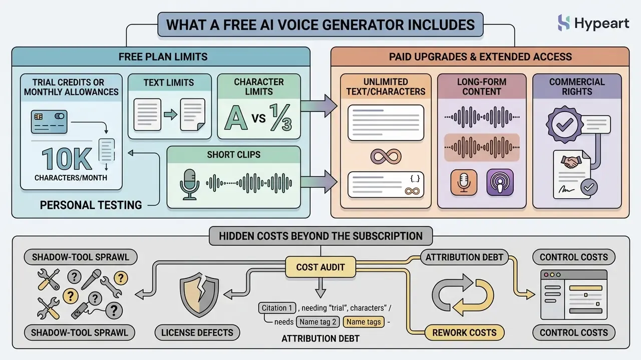 Comparison chart showing free plan limits versus paid upgrades and hidden costs for an AI voice generator