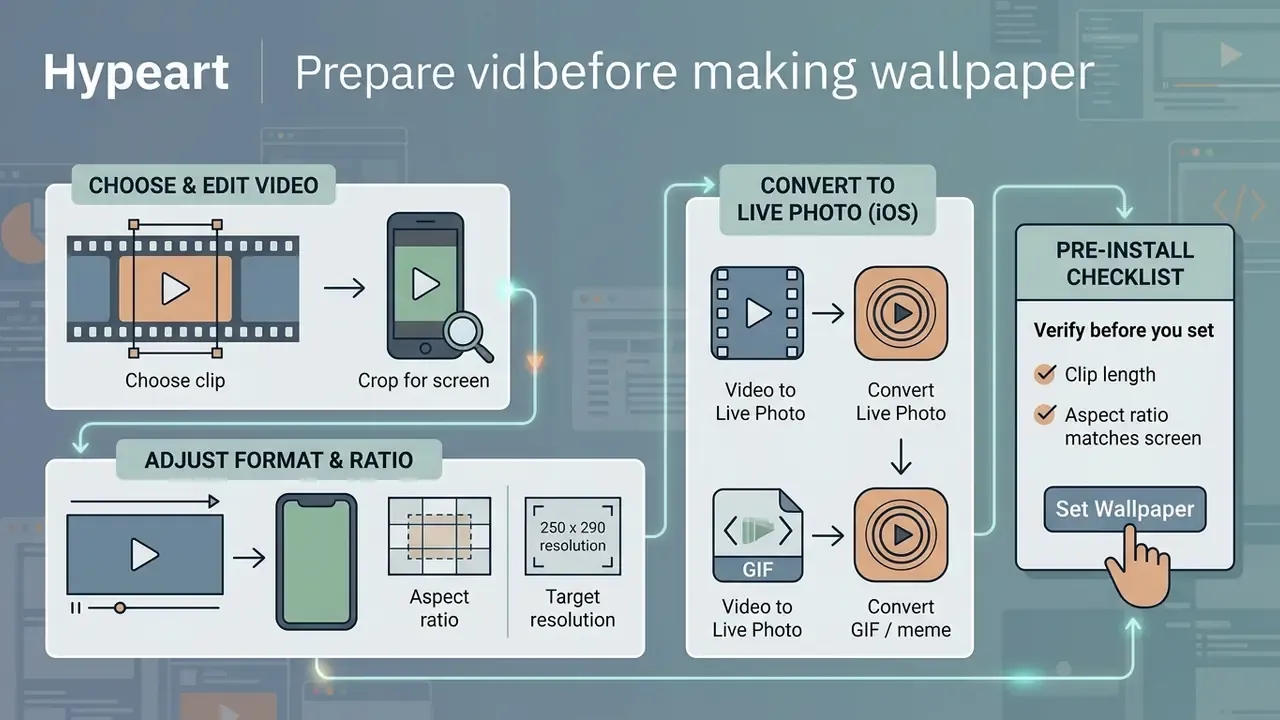 Step by step guide showing how to crop, adjust, and convert video clips before setting as wallpaper
