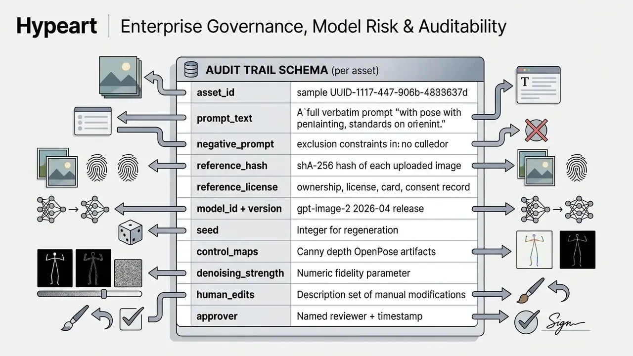 Table outlining data fields for an AI image generator audit trail including prompts and reference metadata