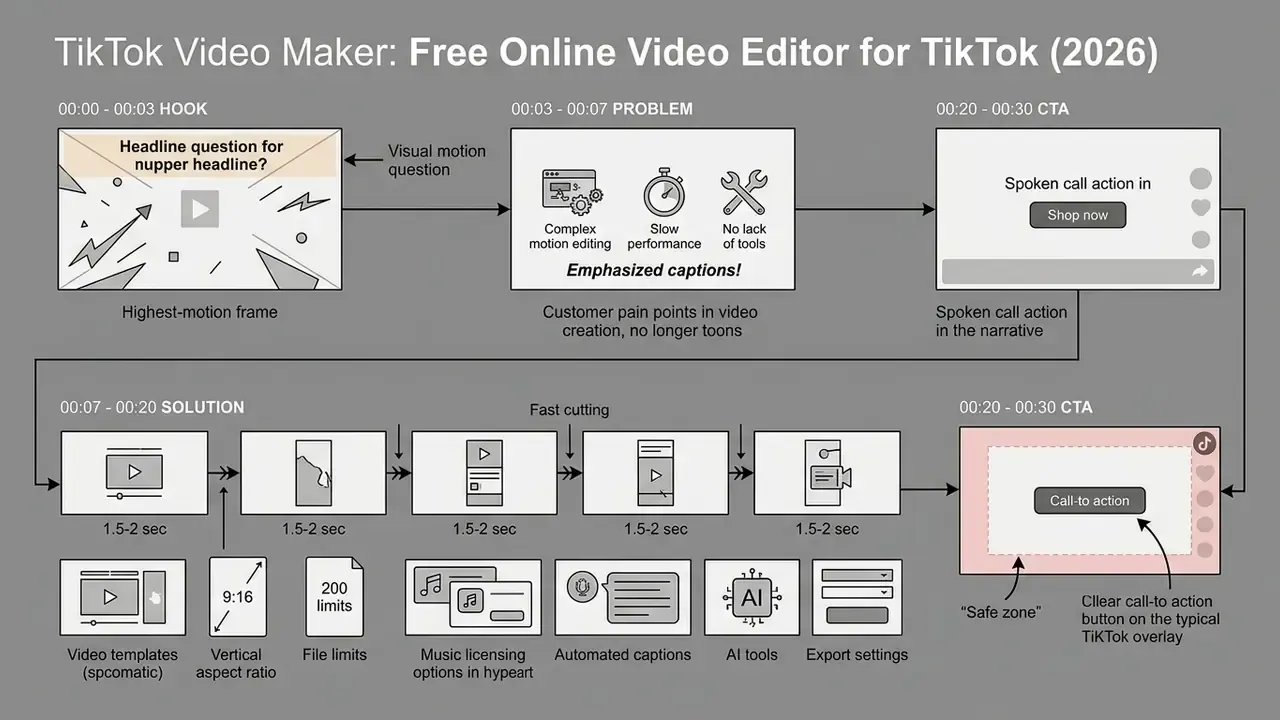 Sequence of steps for creating short videos including hooks, pain points, rapid editing, and call to action buttons