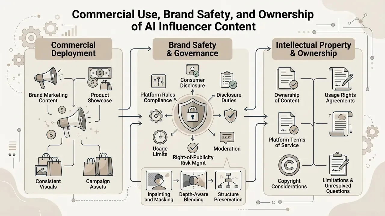 Three-part conceptual framework mapping commercial deployment, brand safety governance, and ownership rights