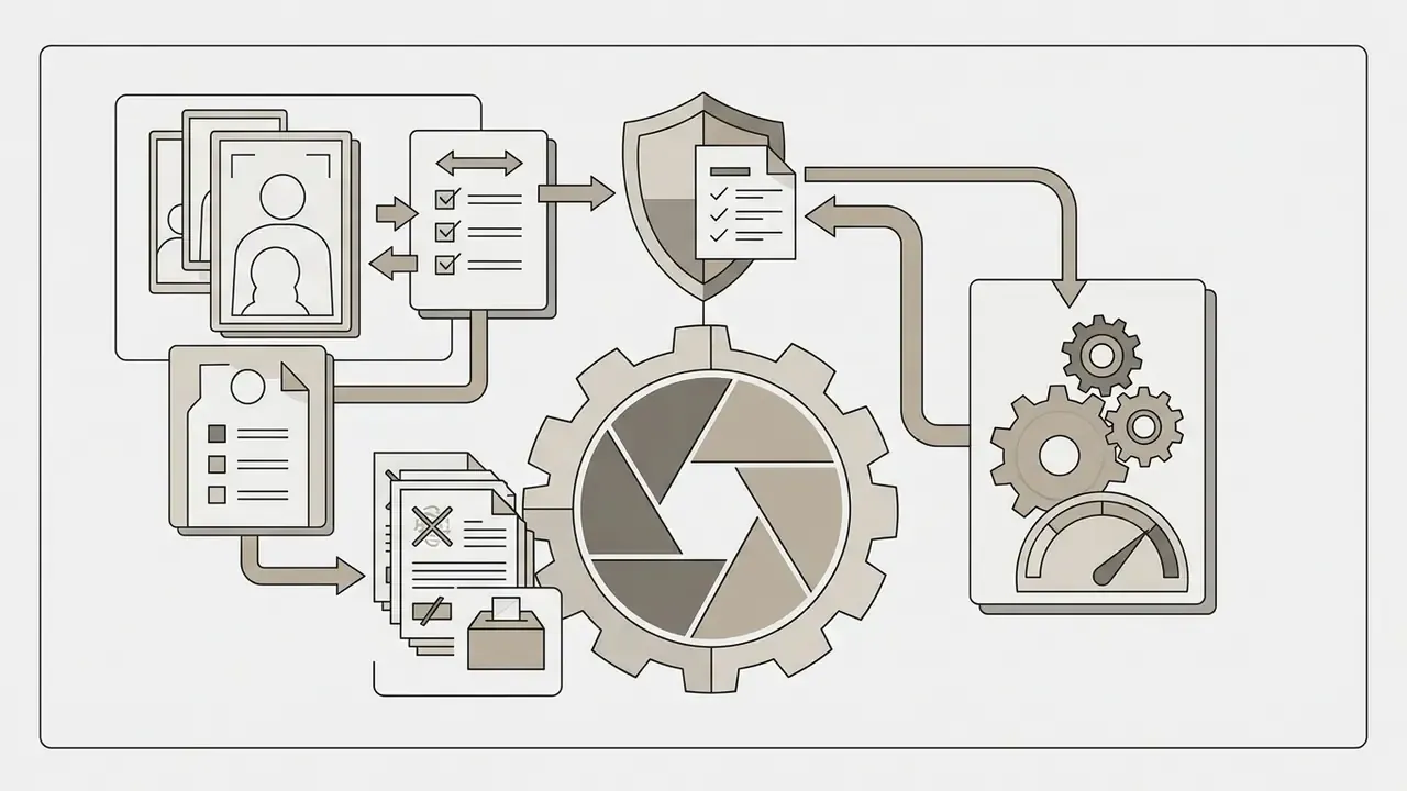 Visual representation of privacy compliance workflows for AI image tools using gear and shield icons