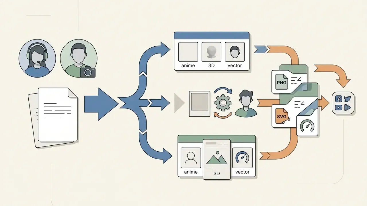 Workflow showing user input and photo processing leading to style selection and digital file exports