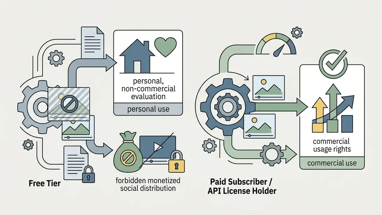 Comparison of free and paid video generation model tiers showing usage rights and distribution limits