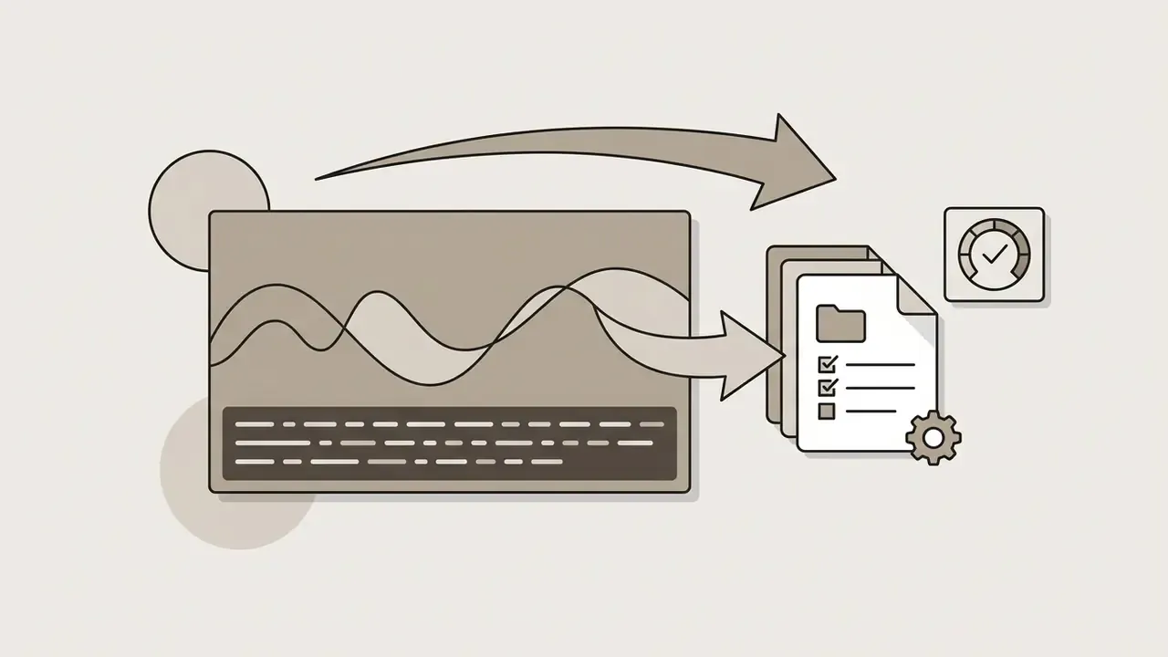 Waveform and text data flowing from a media window into a folder with a gear and a checkmark icon