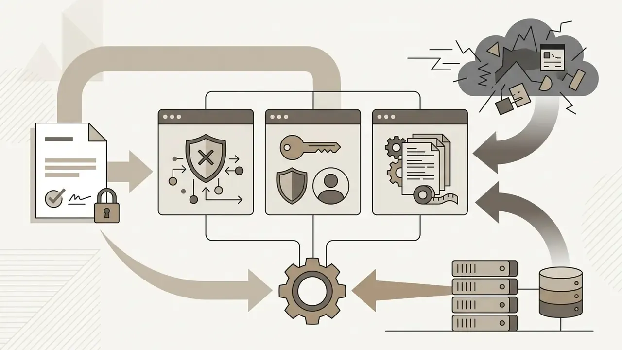 Documents and server data flowing through a gear mechanism into security and processing modules