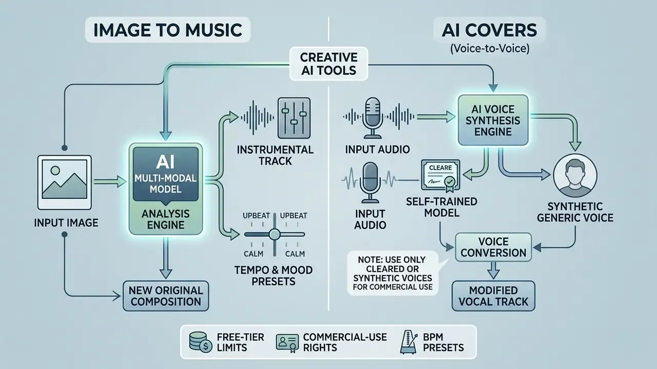 Comparative workflow showing how creative AI tools process images into music or synthesize vocal tracks