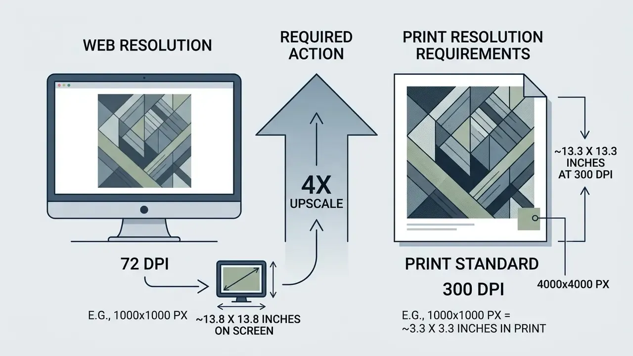 Comparison showing the conversion of web resolution images to high quality print standards via 4x upscaling