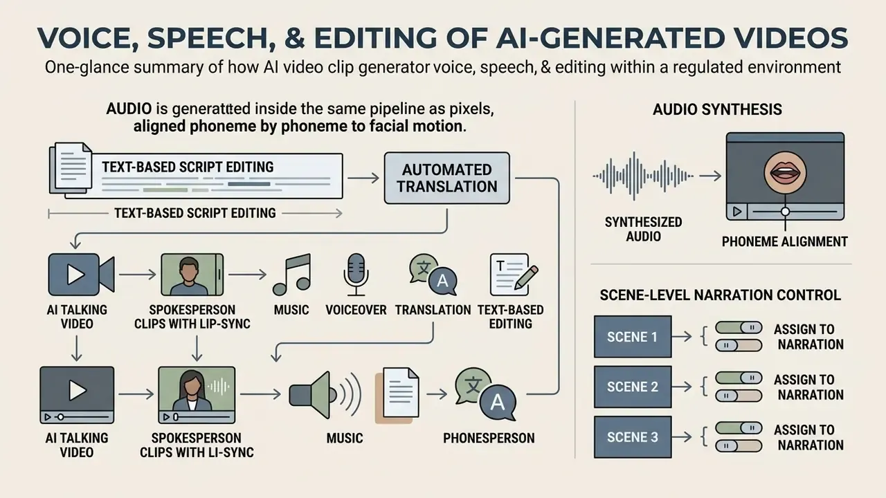 Summary of AI video clip generator processes for audio synthesis, lip-sync, and scene-level narration