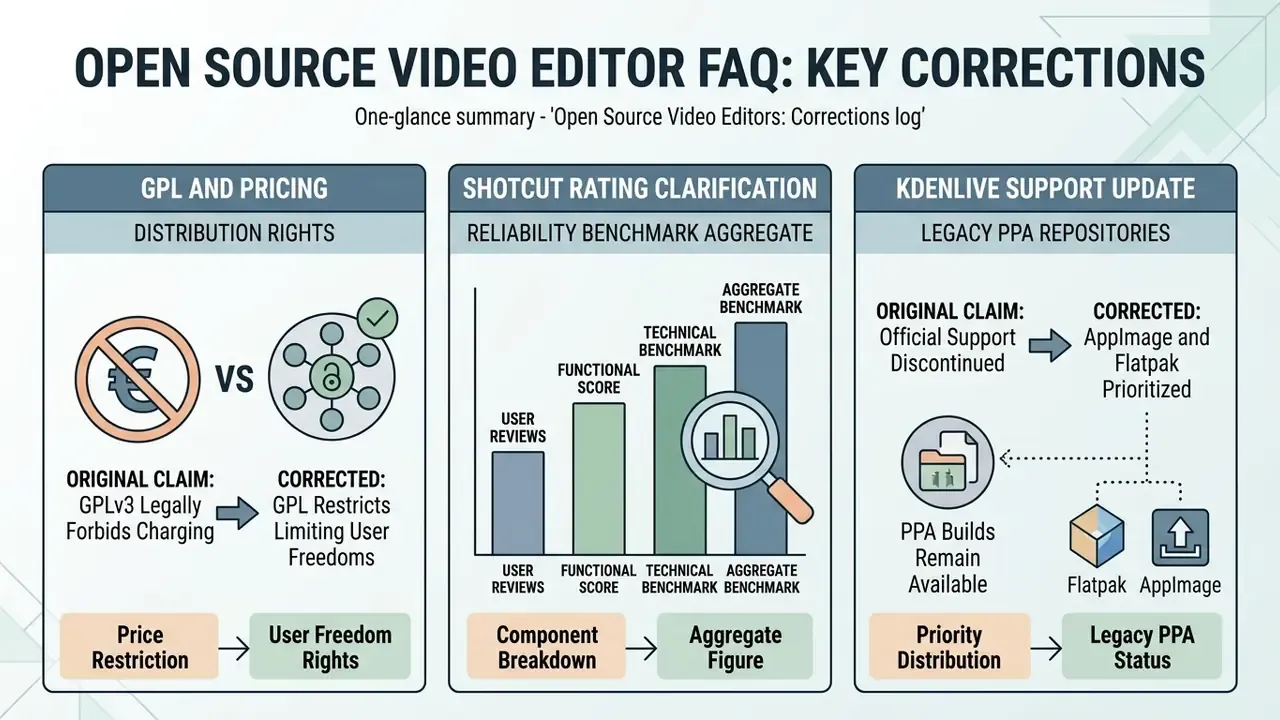 Three-paneled chart summarizing editorial corrections regarding GPL licensing, ratings, and software support