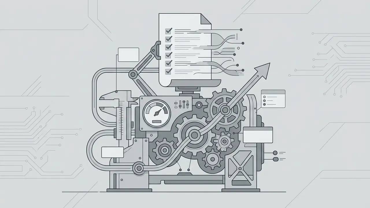Grey machine with gears, a speedometer, and a checklist document representing engineering precision