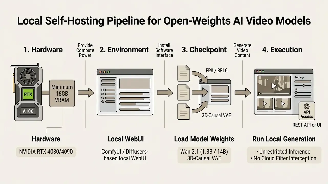 Step-by-step workflow for a local ai video generator showing hardware, software, and model execution
