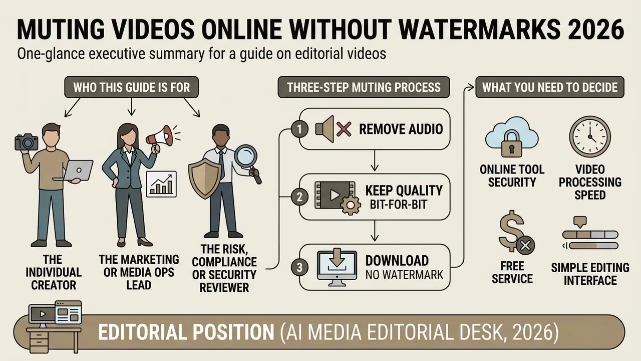 Infographic outlining the target audience, three-step process, and key decisions for muting videos online