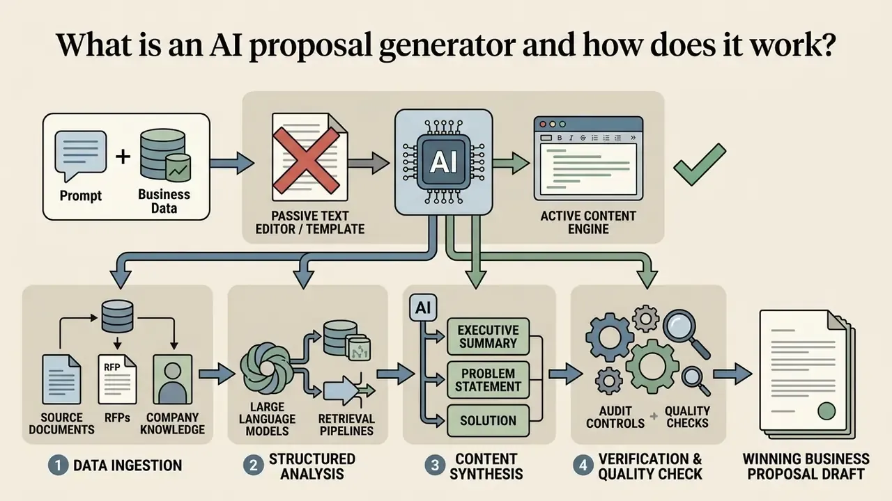 Flowchart showing how an AI proposal generator processes data into a final business proposal draft