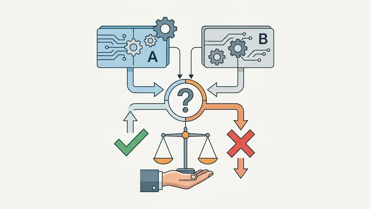 Two processing units labeled A and B feeding into a question mark icon above a hand holding a scale