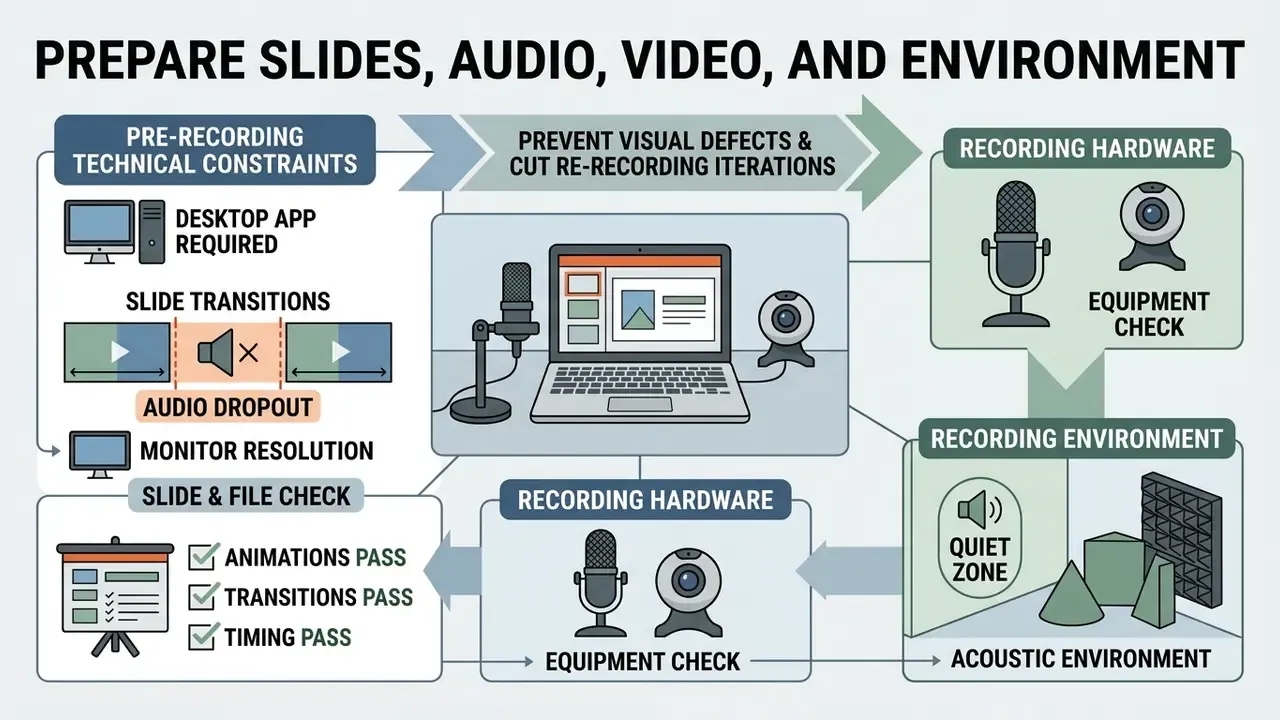 Flowchart outlining technical requirements and hardware setup to record PowerPoint presentations