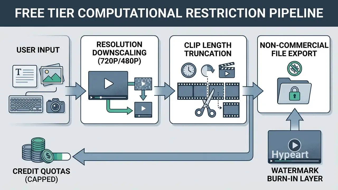 Linear process showing how user inputs are downscaled, truncated, and watermarked under credit limits